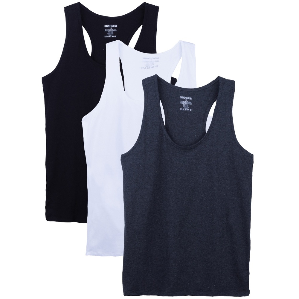 3 Pack Women's Cotton Spandex Racerback Tanks S-2X 3910 Blk/Wh/Ch New NWB